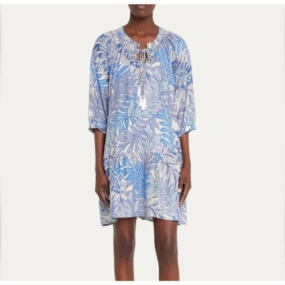 Natalie Martin Stevie Dress S 100% Silk Jungle Print Lake Blue Tassel Tie Satin